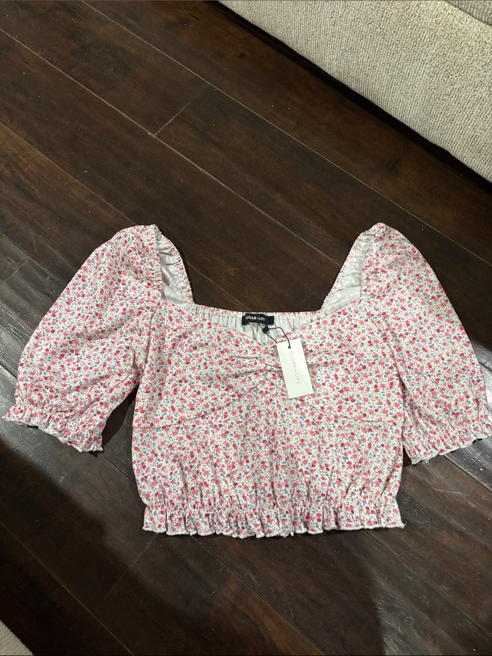 Sugarlips White and Pink Floral Square-Neck Puff Sleeve Crop Top NWT
